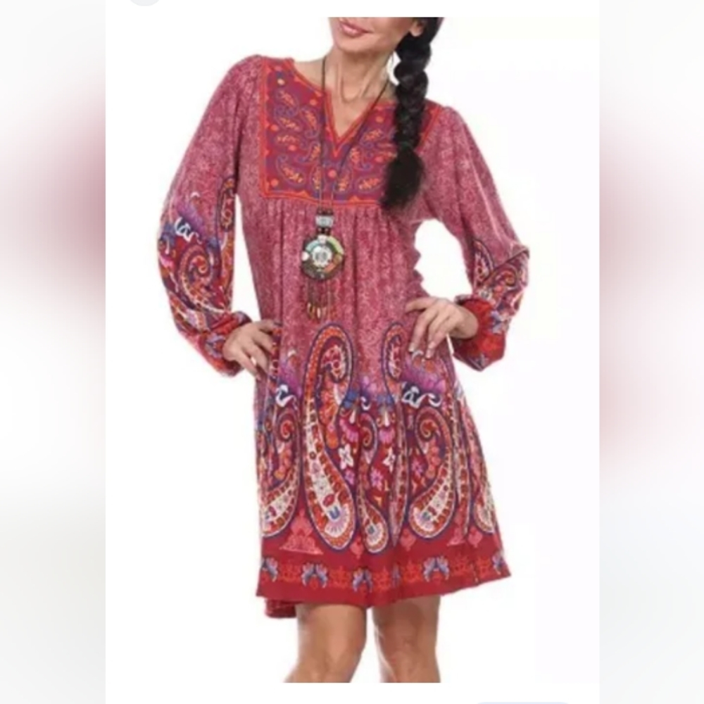 White Mark Apolline Embroidered Tunic Dress L Red Paisley Colorway Pullover Boho